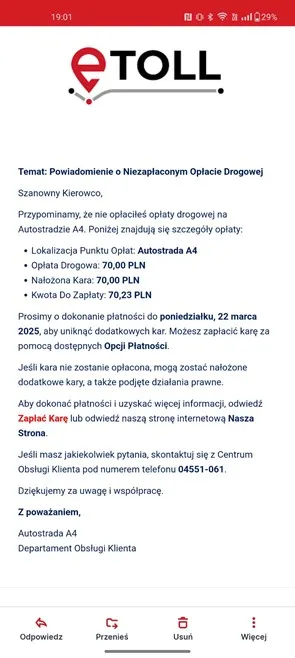 Krajowa Administracja Skarbowa (KAS) ostrzega przed oszustami, którzy wysyłają fałszywe wiadomości SMS, dotyczące płatności w e-TOLL