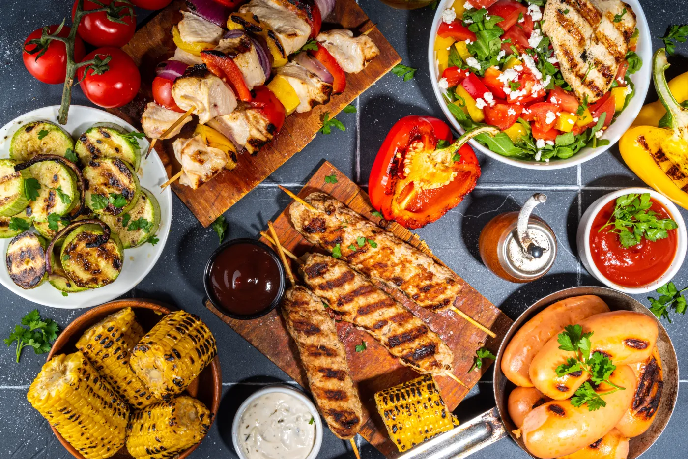 Grilled,Summer,Bbq,Dishes.,Bar-b-q,Party,Picnic,Flatlay,With,Various