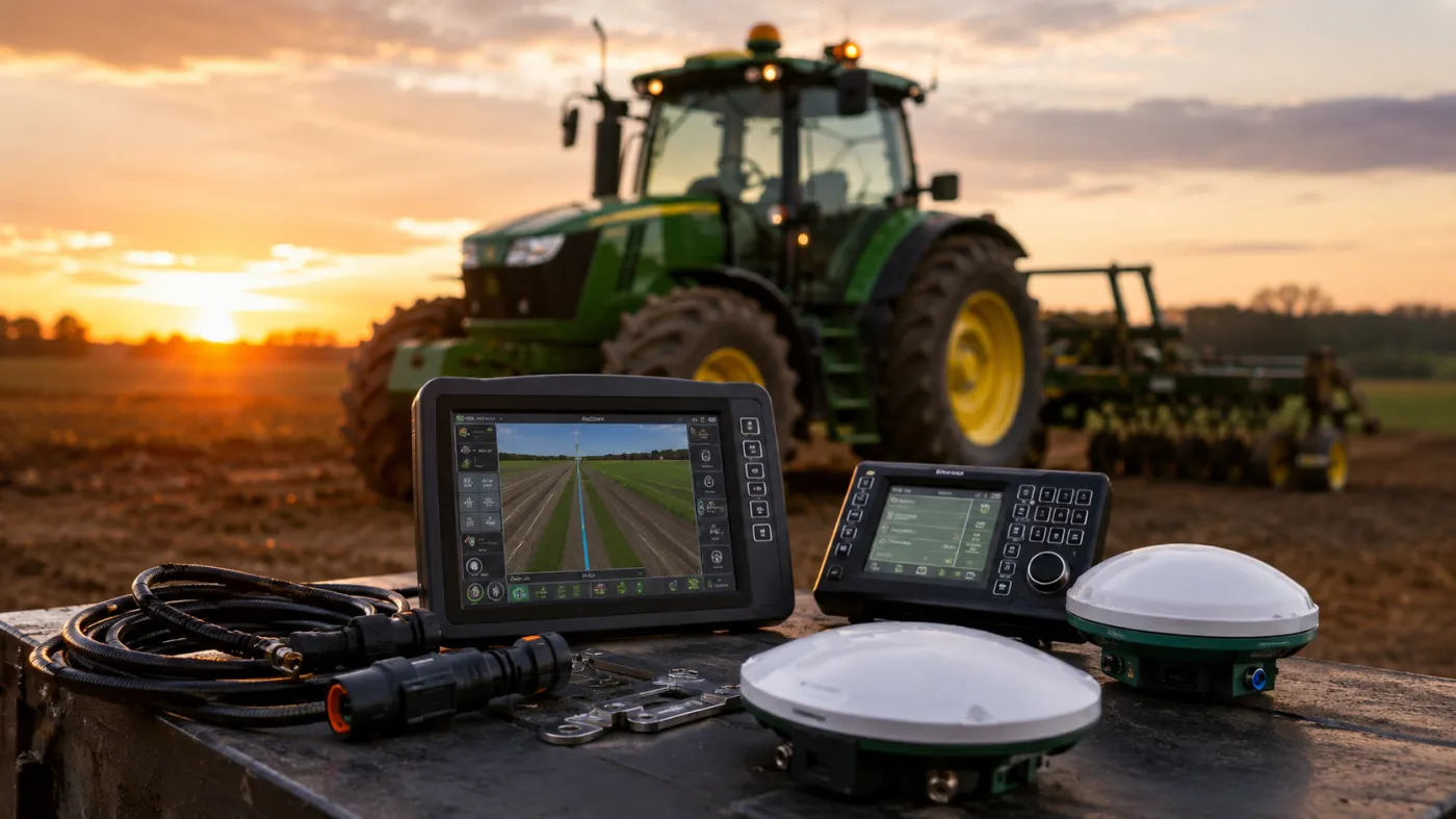 Nowoczesne maszyny rolnicze wyposażone w systemy GPS i elektronikę precyzyjnego rolnictwa. Na pierwszym planie anteny satelitarne i monitory nawigacyjne, w tle ciągnik pracujący na polu o zachodzie słońca.