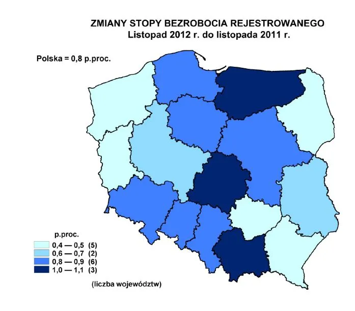 Zmiany stopy bezrobocia rejestrowanego - listopad 2012 (mapa)