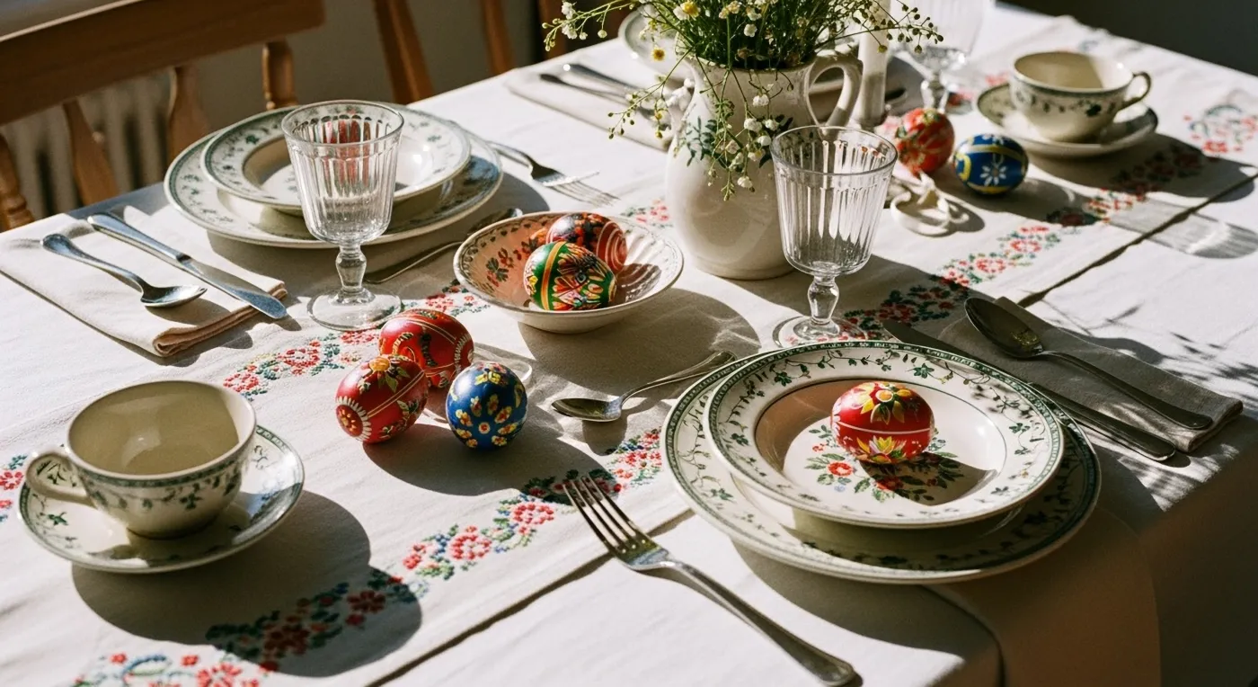 Editorial,Photo,Of,An,Easter,Table,With,Embroidered,Linen,Runner,