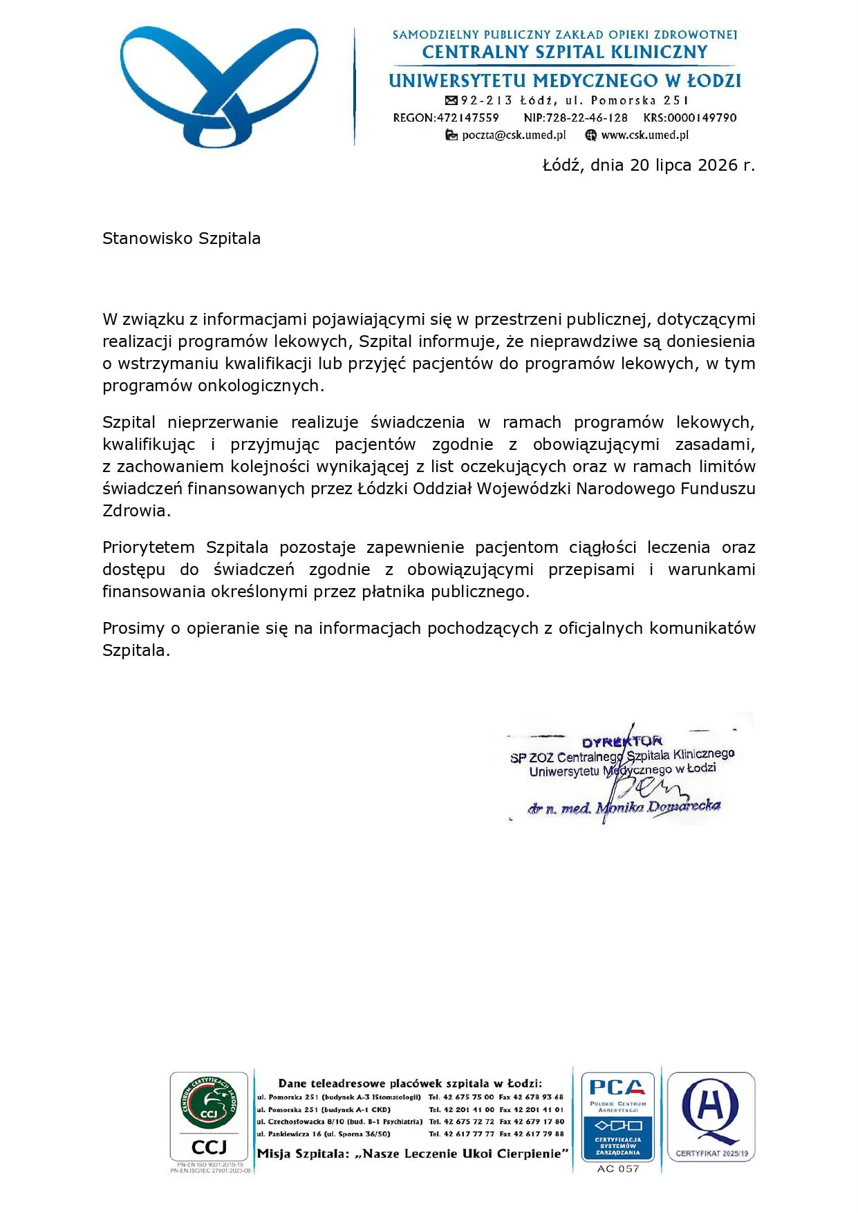 Stanowisko szpitala
