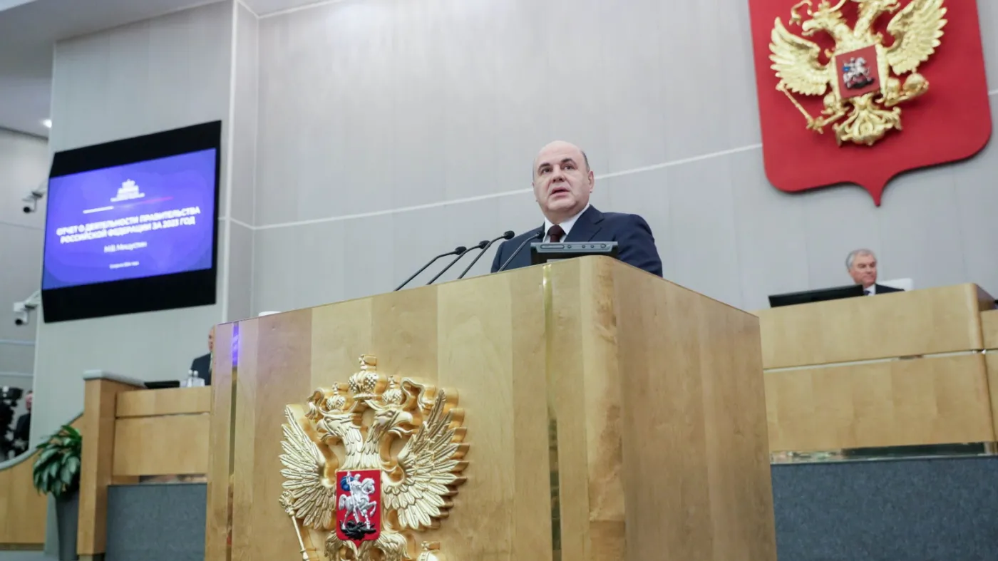 Michaił Miszustin przemawia w Dumie Państwowej