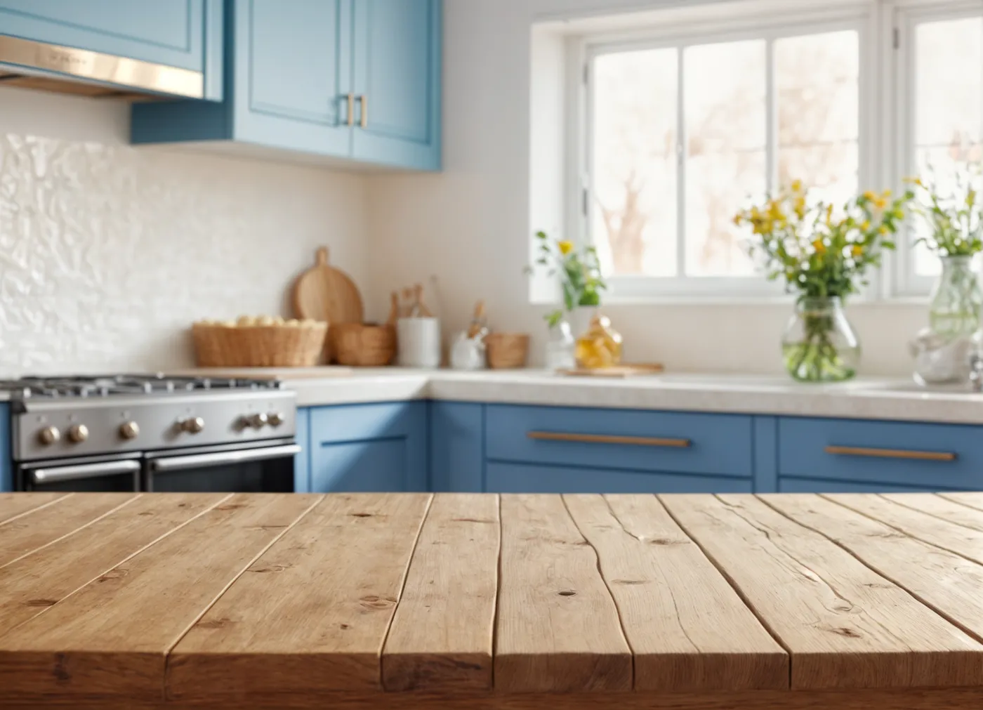 Blue,Empty,Wooden,Table,With,The,Bright,White,Interior,Of