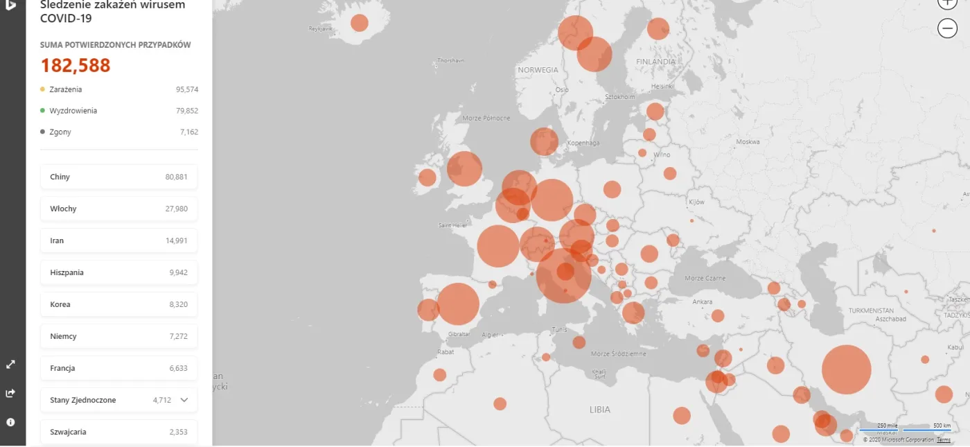 Microsoft stworzył wirtualną MAPĘ ZAKAŻEŃ koronawirusem. Cała UE na czerwono