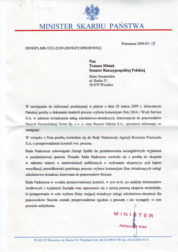 Pismo ministra Grada do Tomasza Misiaka