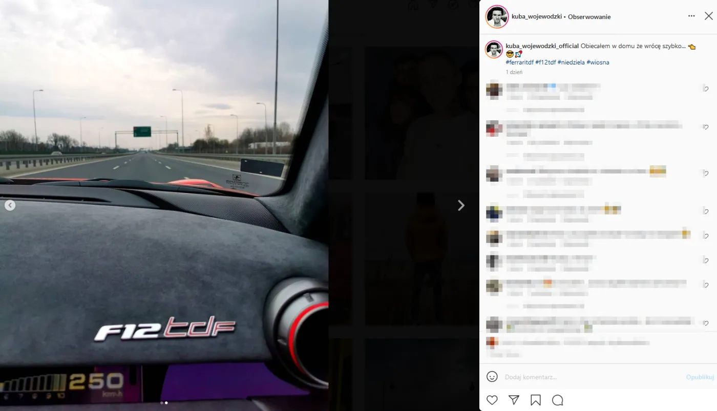 Kuba Wojewódzki pochwalił się prędkością Ferrari? Mamy komentarz KGP