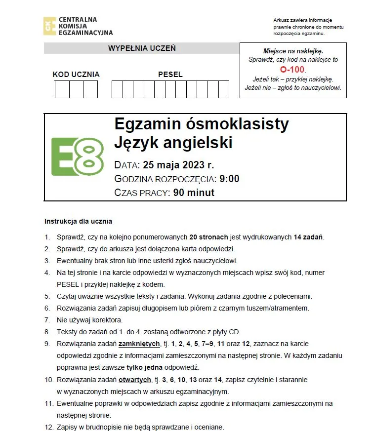 Egzamin ósmoklasisty 2023. Język angielski Strona 1