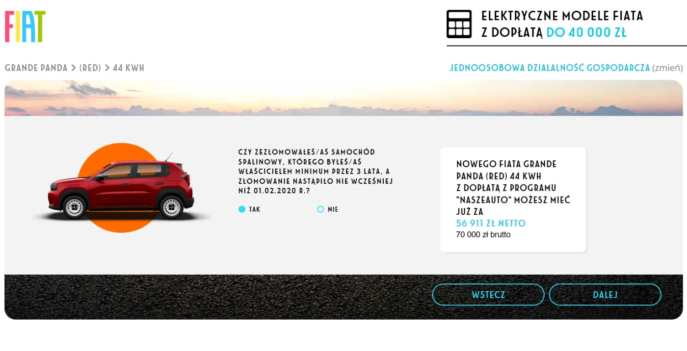 Fiat Grande Panda z dopłatą 40 000 zł dla osób prowadzących jednoosobową działalność gospodarczą. Cena netto - 56 911 zł