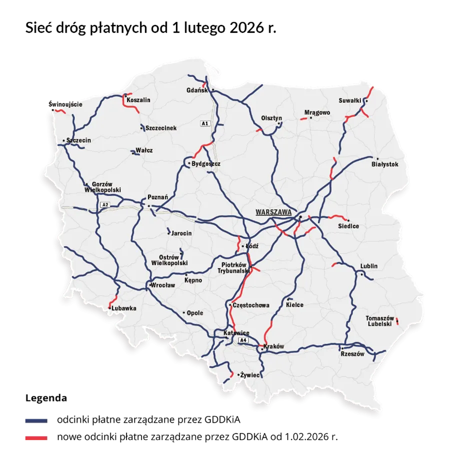 Nowa mapa płatnych dróg w Polsce od 1 lutego 2026