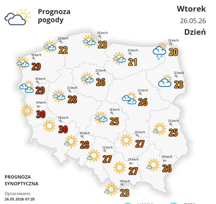 Temperatura maksymalna od 19°C na wybrzeżu i 20°C na północnym wschodzie, około 25°C w centrum, do 29°C, 30°C na zachodzie.