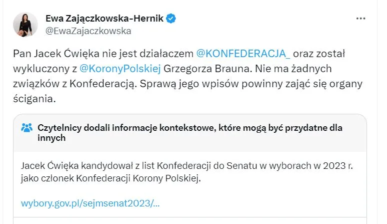 Wpis rzeczniczki Konfederacji z informacją kontekstową
