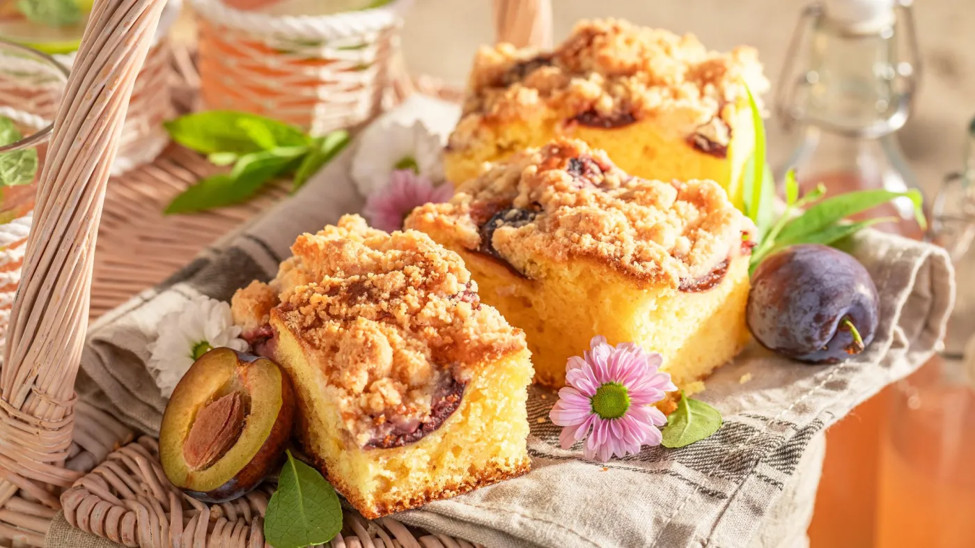 Sweet,And,Delicious,Plum,Yeast,Cake,Served,On,Beach,With