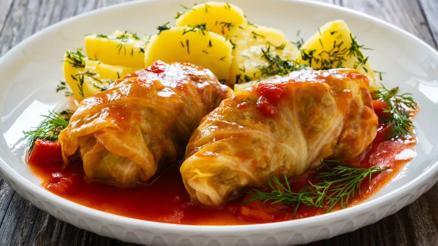Wrapped,Minced,Meat,In,Cabbage,Leaves,Served,In,Tomato,Sauce