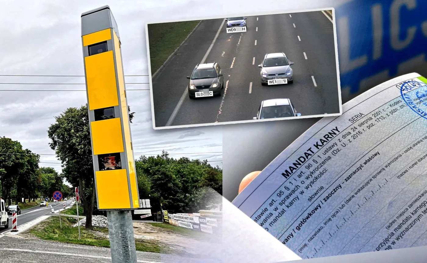 Nowoczesny fotoradar przy drodze, podgląd z kamery monitorującej ruch z ramkami namierzającymi pojazdy oraz druk mandatu