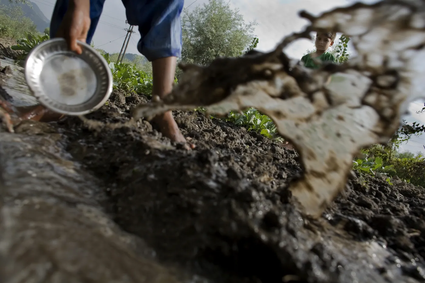 27.08.2007 Srinagar Kaszmir Indie
Chlopiec przypatruje sie jak jego siostra nawadnia pole przy rodzinnym domu na malej wyspie na jeziorze Dan. Na calym Jeziorze na malych wysepkach zyje ponad 40 tysiecy ludzi.
Fot. Wojciech Grzedzinski