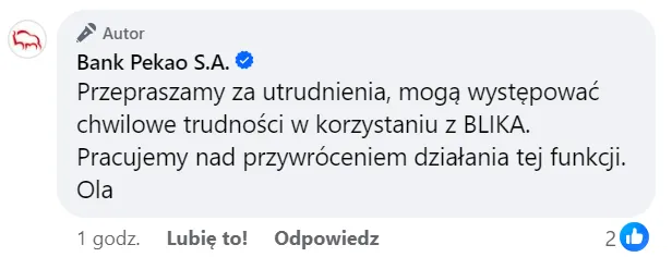Bank Pekao przeprasza za utrudnienia w dostępie do Blika
