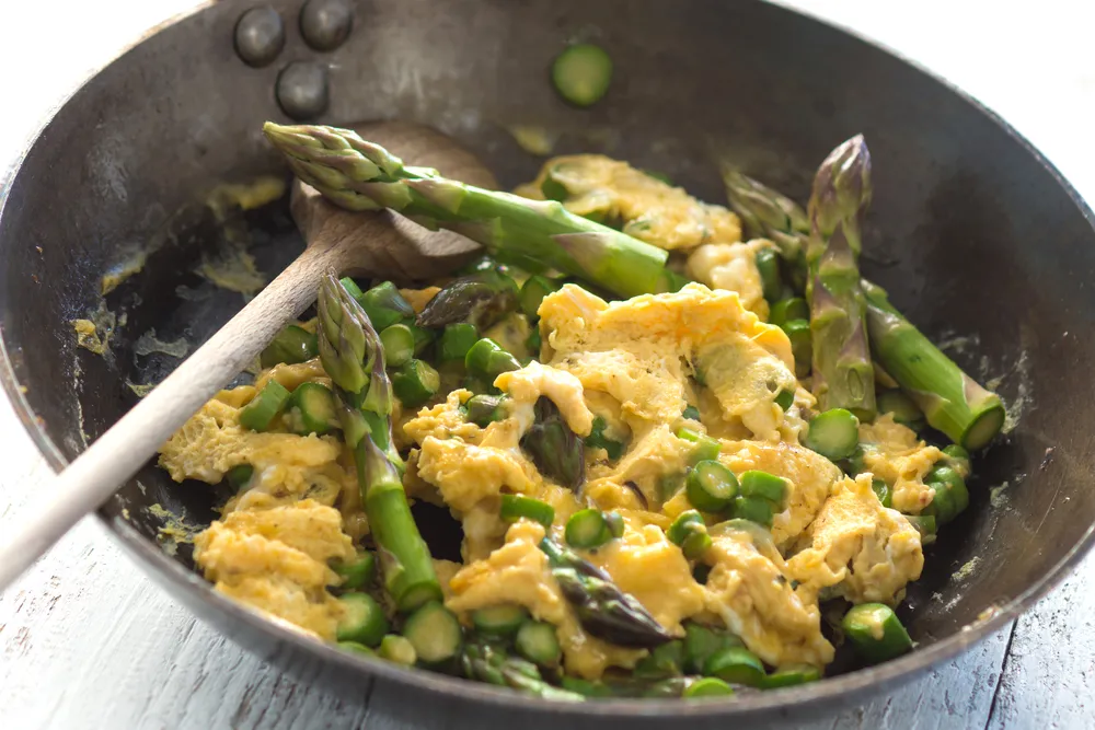 Green,Asparagus,With,Egg,In,A,Frying,Pan.