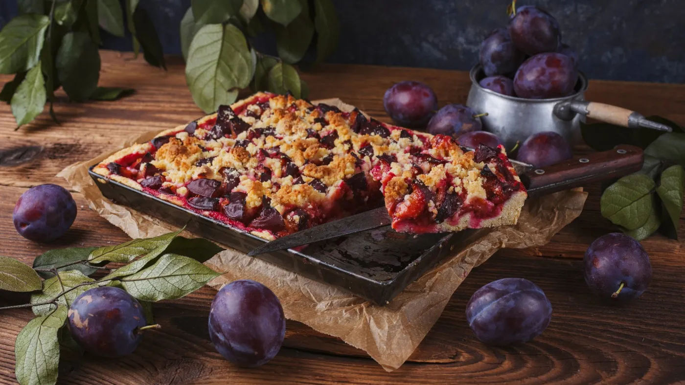 Traditional,German,Zwetschgenkuchen,With,Sliced,Plums,Served,As,Top,View