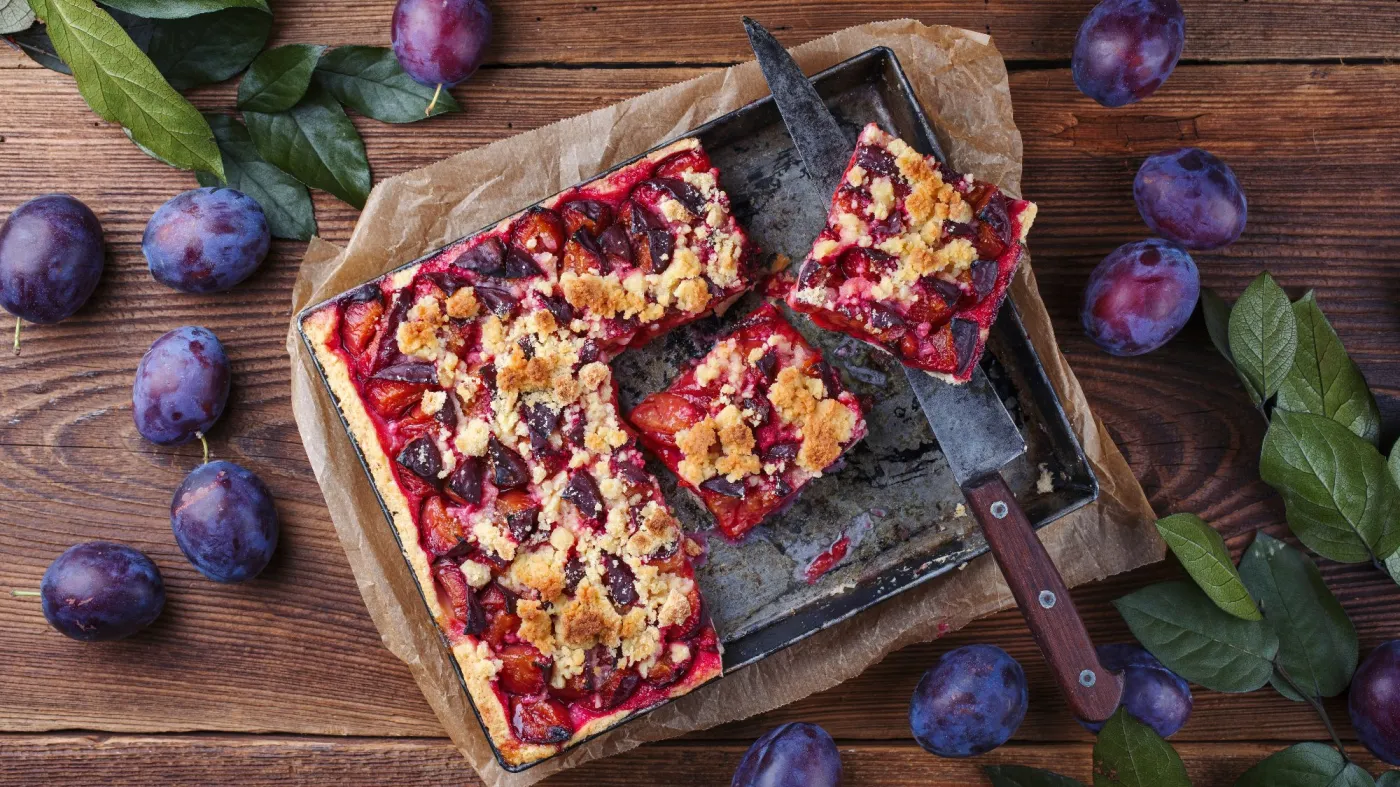 Traditional,German,Zwetschgenkuchen,With,Sliced,Plums,Served,As,Top,View
