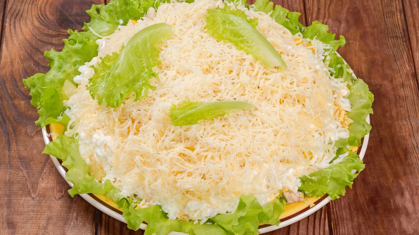 Salad,Of,Boiled,Chicken,Meat,With,Canned,Pineapple,And,Corn