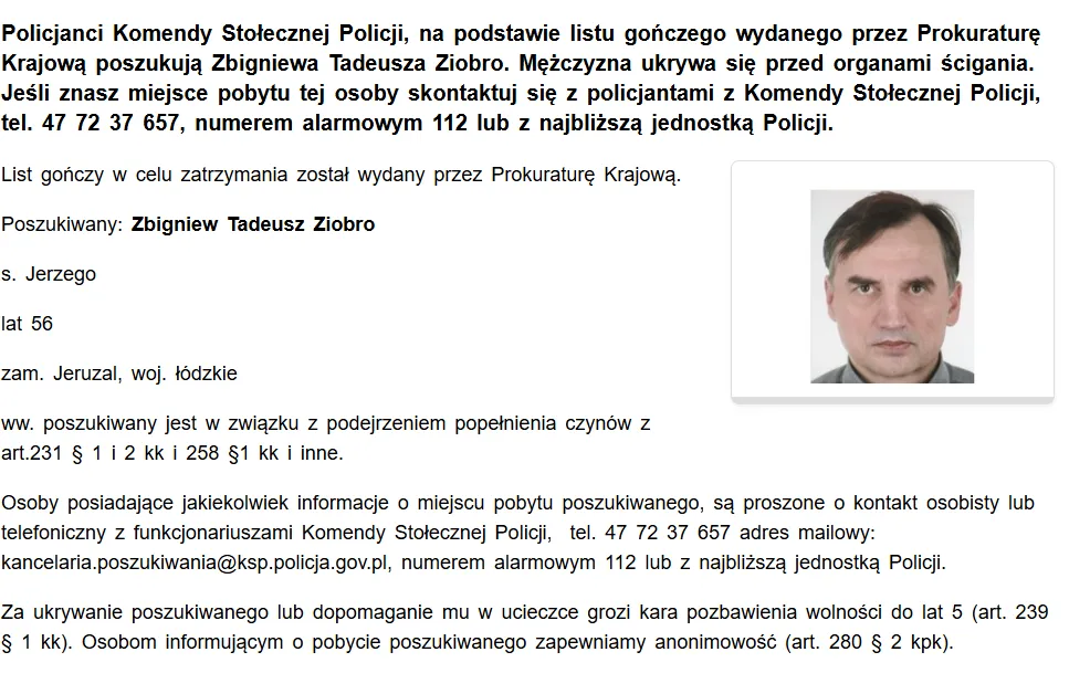 list gończy za Ziobrą