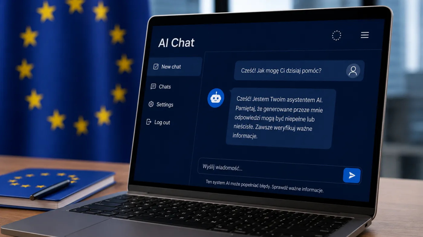 Laptop z otwartym czatem opartym na sztucznej inteligencji na tle flagi Unii Europejskiej. Zdjęcie ilustruje unijne regulacje AI Act dotyczące chatbotów i systemów sztucznej inteligencji.