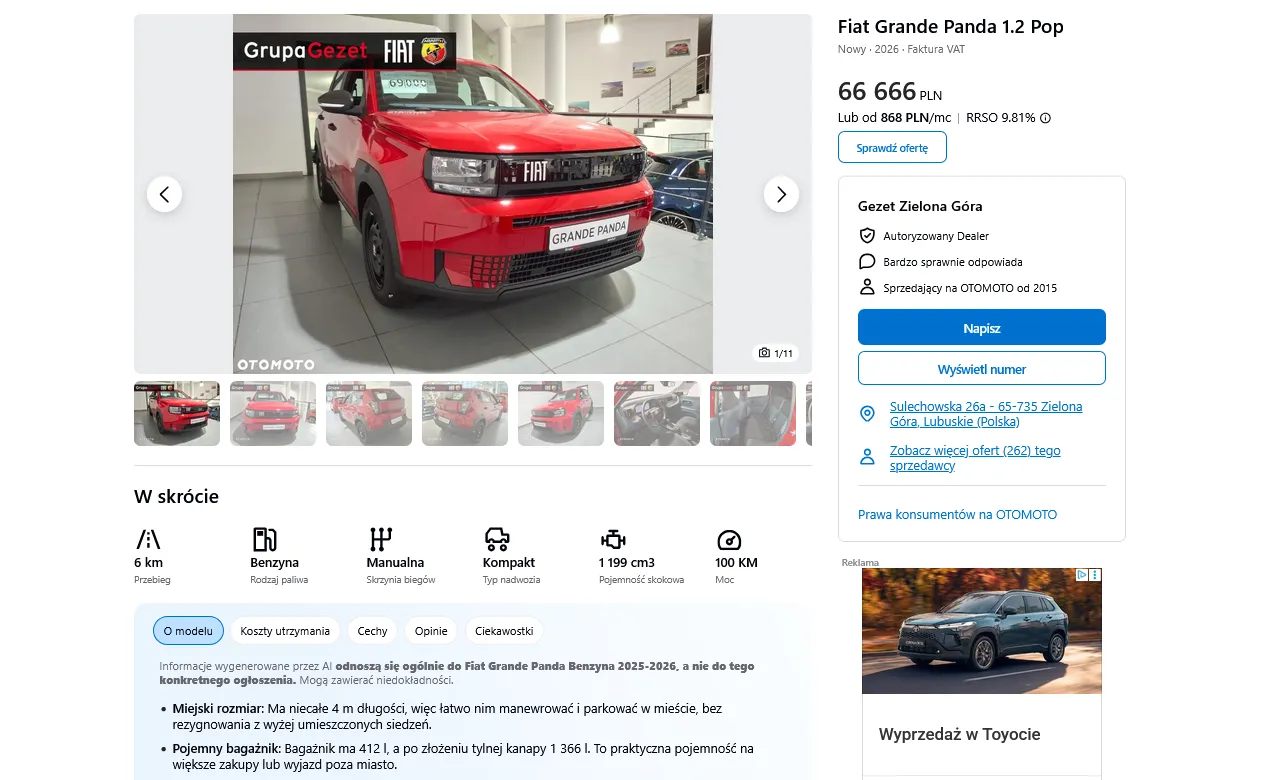 Fiat Panda w wersji POP z silnikiem benzynowym 1.2/100 KM