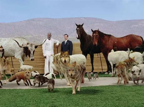 God MORGAN FREEMAN and pairs of his creatures flank Evan Baxter STEVE CARELL in a comedy of biblical proportions, Evan Almighty. EVAN WSZECHMOGACY  Local Caption  EVAN WSZECHMOGACY