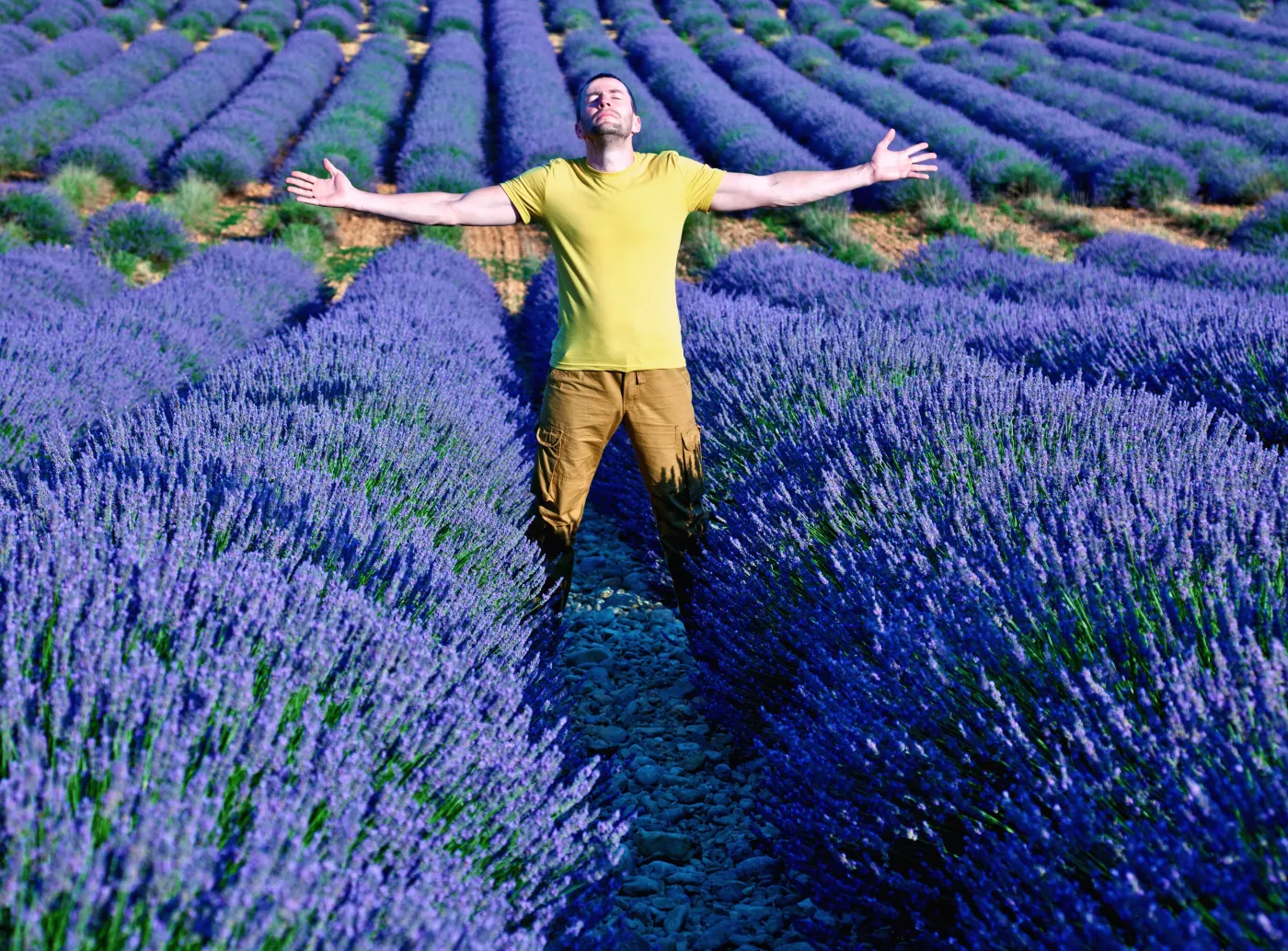 mężczyzna na polu lawendy