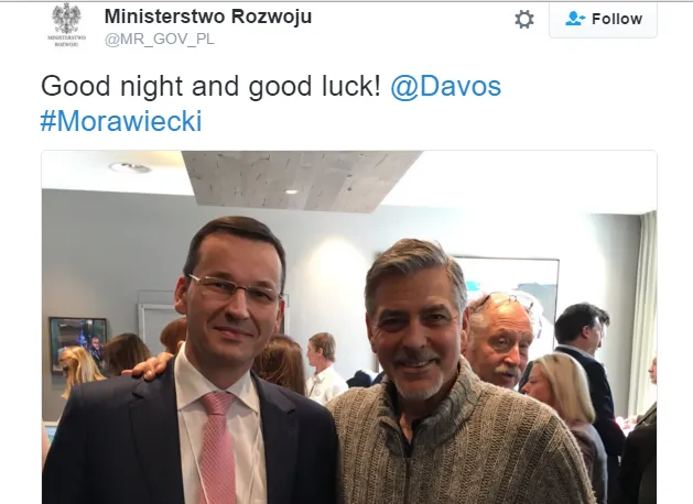 Wpadka Ministerstwa Rozwoju na Twitterze? A miało być ładne zdjęcie ministra z George'em Clooneyem...