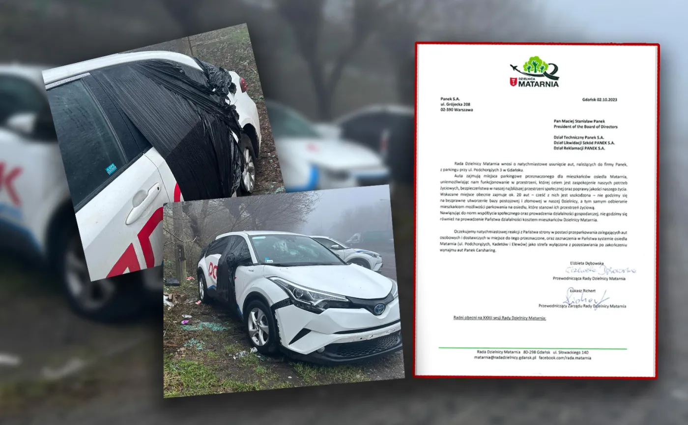 Złomowisko Panek CarSharing na osiedlowym parkingu w Gdańsku