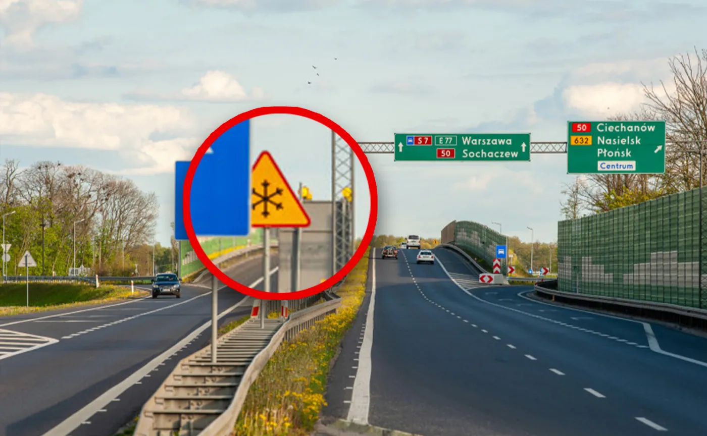 Znak A-32 przy drodze S7