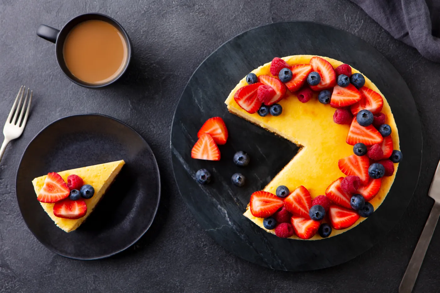 Cheesecake,Dessert,With,Fresh,Berries,And,Cup,Of,Coffee.,Gray