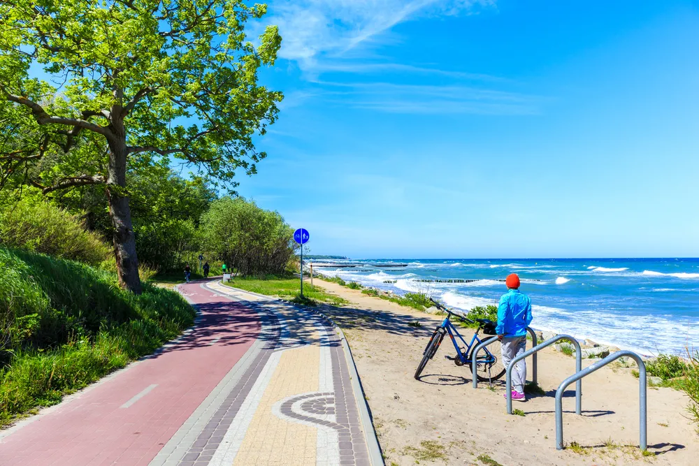 Young,Woman,Cyclist,With,Bike,Standing,Near,Cycling,Way,And
