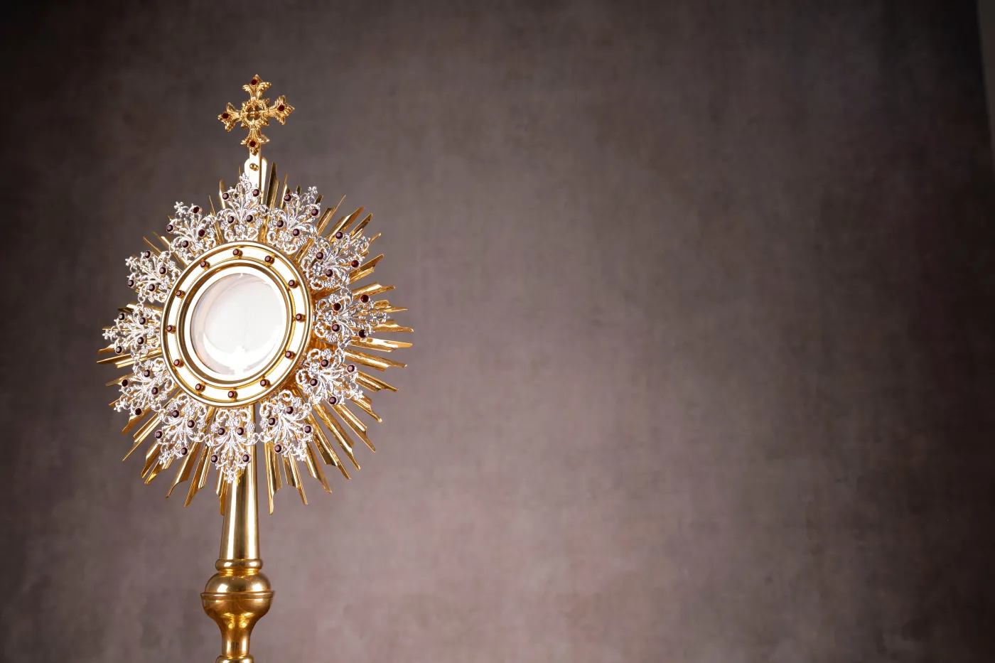 Monstrance,On,Grey,Background.,Religion,Concept.