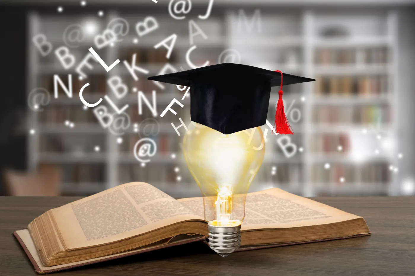 Graduation,Cap,With,Lamp,Lightbulb,In,The,Classroom