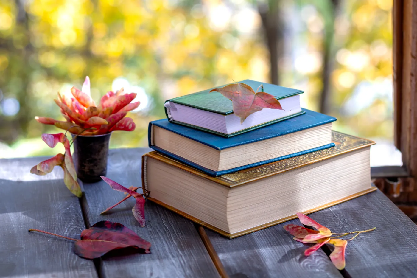 Autumn,Still,Life,With,Books,And,Fallen,Leaves.,Day,Of