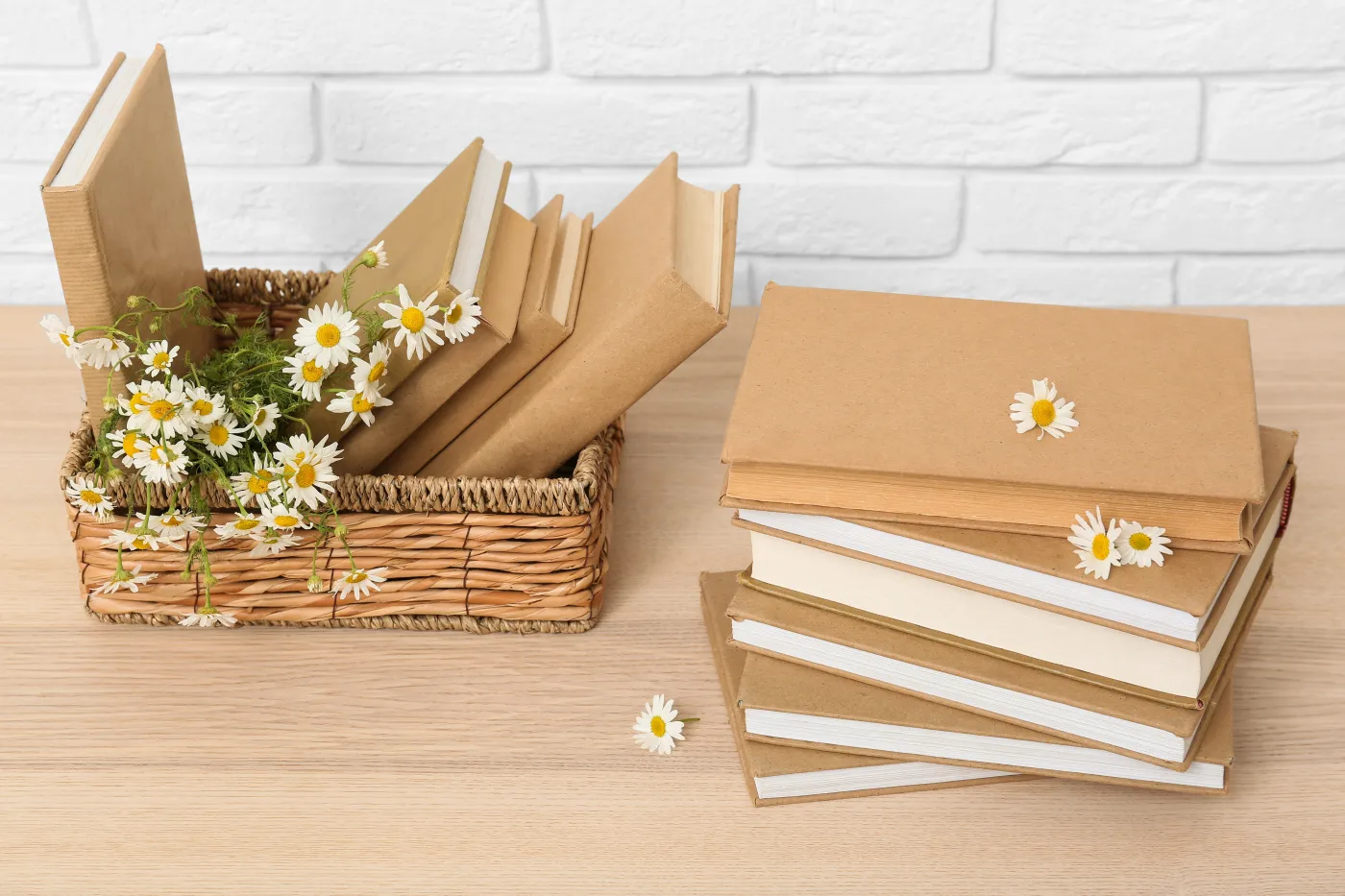 Basket,With,Books,And,Chamomiles,On,Table,Near,White,Brick