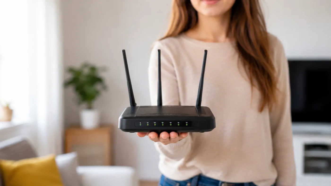 Młoda kobieta trzyma w dłoni nowoczesny router Wi-Fi z trzema antenami w jasnym salonie. Urządzenie znajduje się na pierwszym planie, a w tle widoczne są rozmyte elementy domowego wnętrza, w tym sofa, telewizor i roślina doniczkowa.