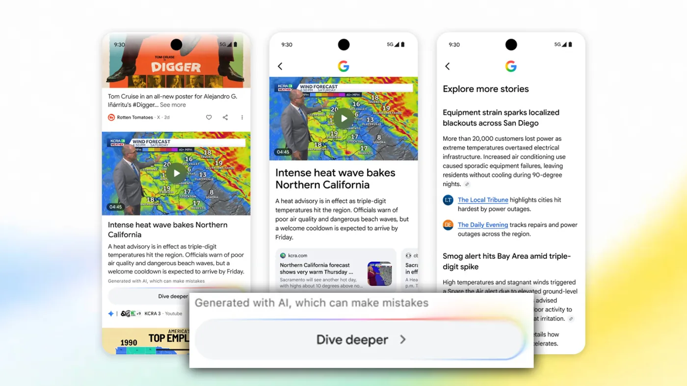 Nowy widok Google Discover z podsumowaniem AI i kartami źródeł