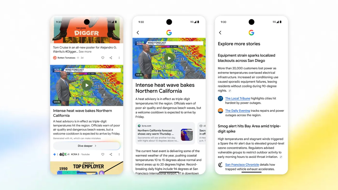 Nowy widok Google Discover z podsumowaniem AI i kartami źródeł