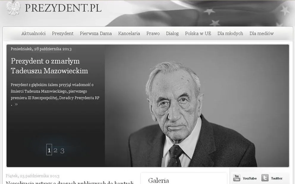 Informacja o śmierci Tadeusza Mazowieckiego na stonie prezydent.pl