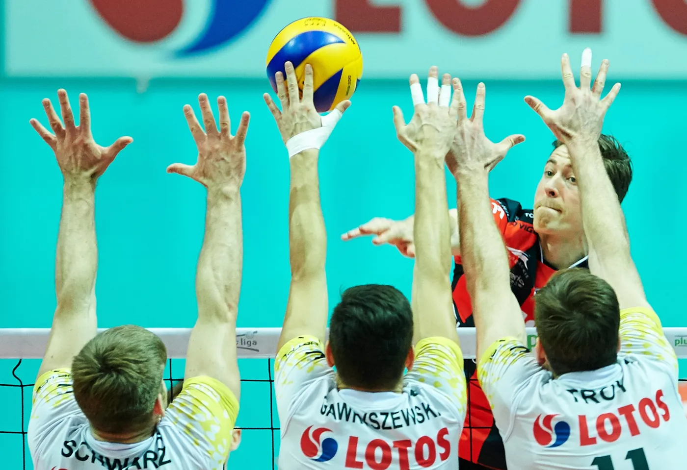 Siatkarze Lotosu Trefl Gdańsk (od lewej): Sebastian Schwarz, Bartosz Gawryszewski i Murphy Troy, blokują po ataku Jochena Schopsa (w głębi) z Asseco Resovii Rzeszów