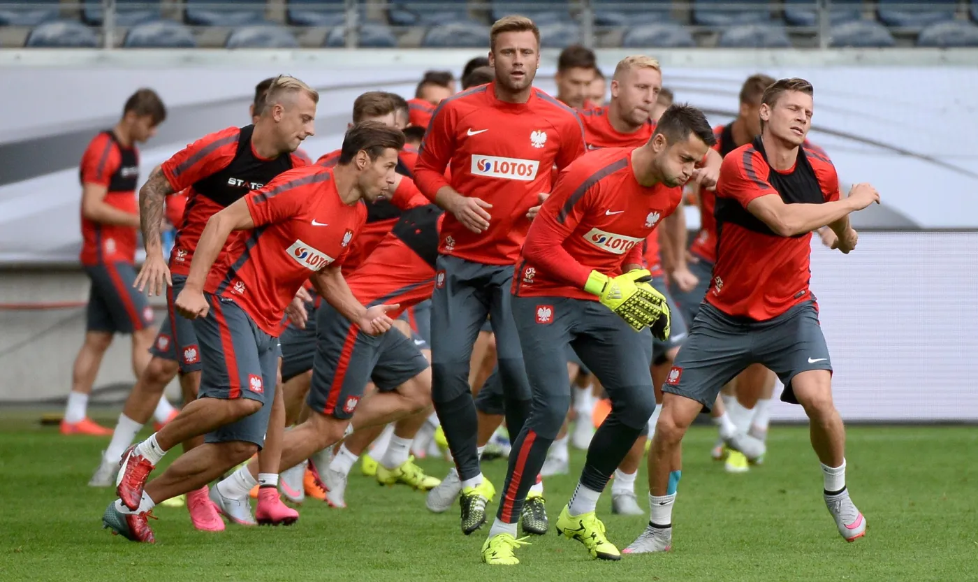 Piłkarze reprezentacji Polski (od lewej): Kamil Grosicki, Grzegorz Krychowiak, Artur Boruc, Łukasz Fabiański i Łukasz Piszczek, podczas treningu drużyny we Frankfurcie nad Menem