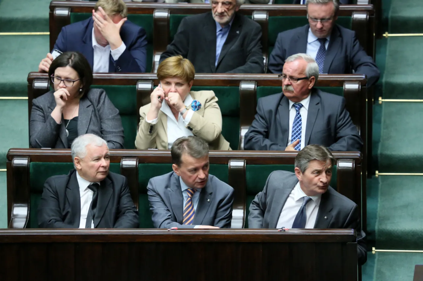 Politycy PiS, od lewej: prezes PiS Jarosław Kaczyński, przewodniczący KP PiS Mariusz Błaszczak i wicemarszałek Sejmu Marek Kuchciński