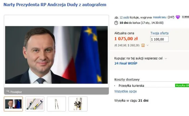 Prezydent Andrzej Duda wsparł WOŚP. Przekazał na aukcję swe narty