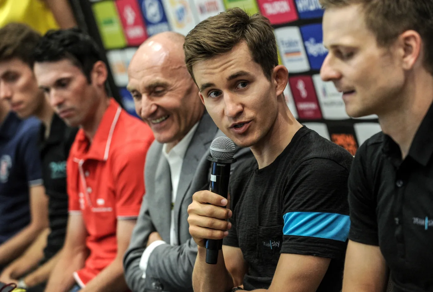 Marek Rutkiewicz, dyrektor TdP Czesław Lang, Michał Kwiatkowski i Michał Gołaś, podczas konferencji prasowej przed 73. Tour de Pologne