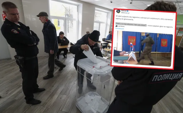 Uzbrojony wojskowy nadzoruje głosowanie w Rosji? Pokazali wideo