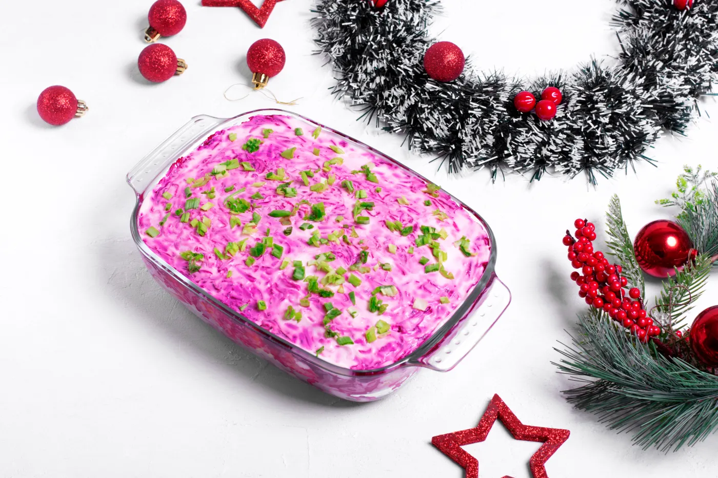 Shuba,Salad,With,Herring,,Vegetables,And,Mayonnaise,Surrounded,By,New